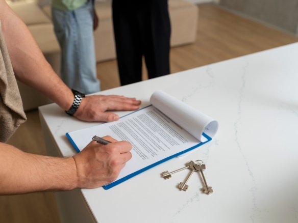 Propietario revisando un papel con preguntas para elegir inquilino ideal antes de alquilar un departamento en Lima